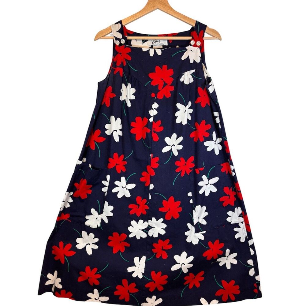 Vtg Alice of California Blue Floral Sleeveless Dress Pockets Small
